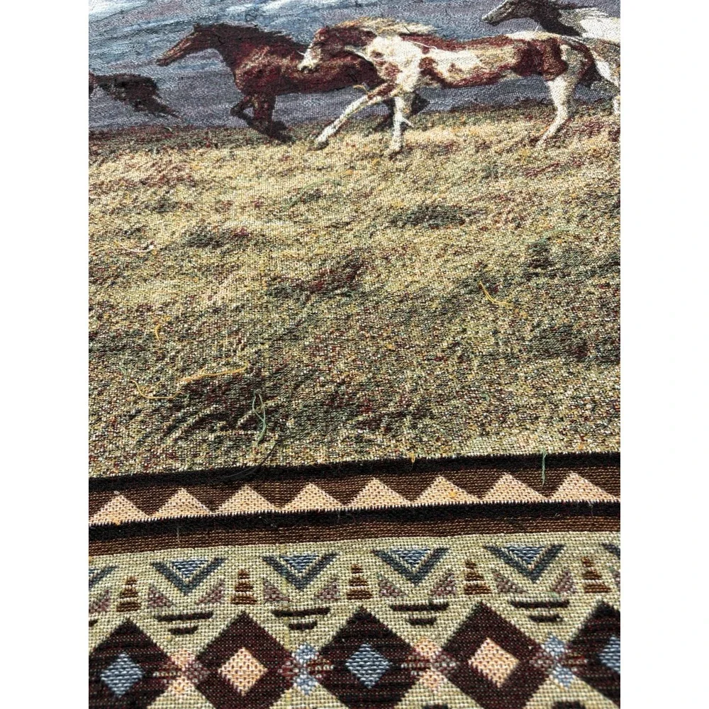 Vintage 90s C. Cummings Horses Fringe Throw Tapestry Blanket 13 FEET X 64 Inches